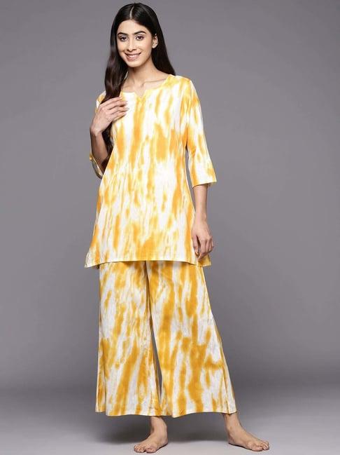 libas mustard cotton printed tunic pyjamas set