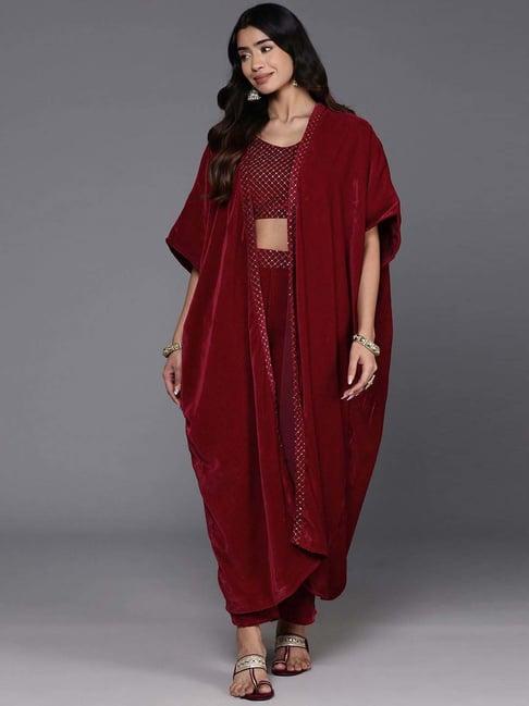 libas maroon embellished polyester co-ords with shrug