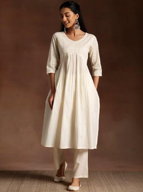 libas off-white cotton embroidered kurta palazzo set