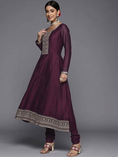 libas purple embroidered kurta churidar set with dupatta