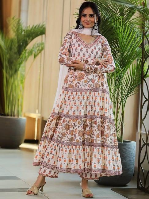 libas off-white cotton printed kurta pant set with dupatta