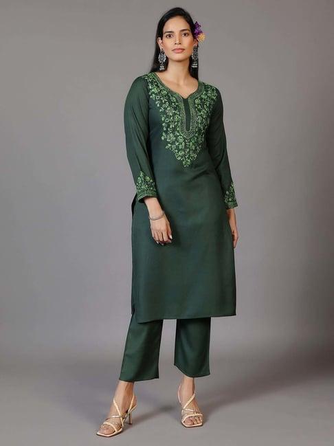 libas green embroidered kurta pant set