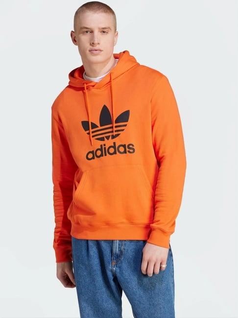 adidas originals orange cotton regular fit logo printed hooded sweatshirt