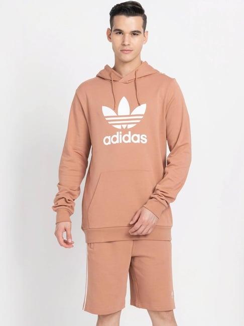 adidas originals brown cotton regular fit logo printed hooded jacket