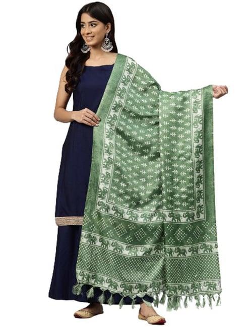 one femme green silk printed dupatta