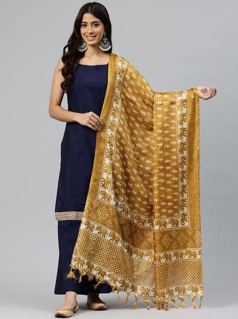 one femme gold silk printed dupatta