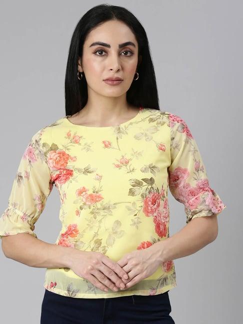 twin birds light yellow floral print top