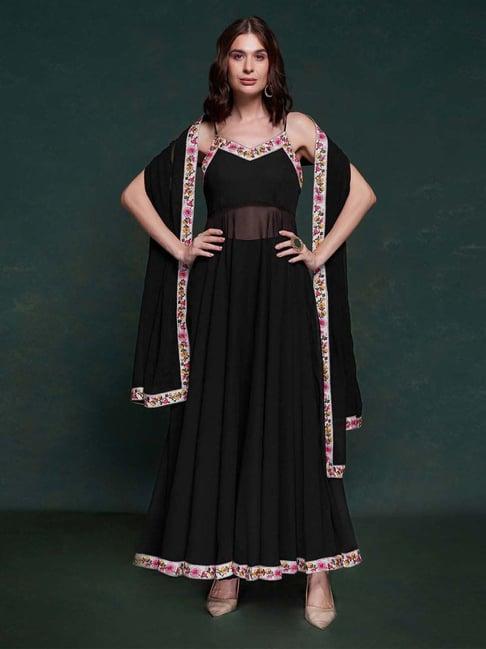 odette black floral print kurta & pant set with dupatta