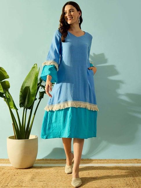 the kaftan company blue cotton color-block night dress