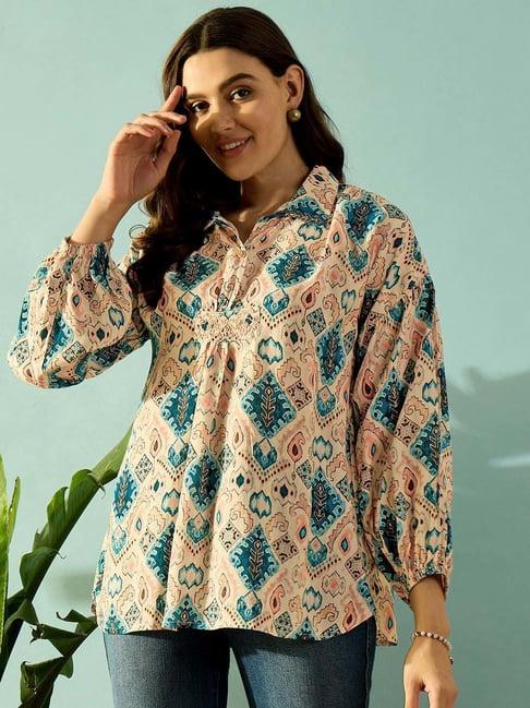 the kaftan company beige & blue printed shirt