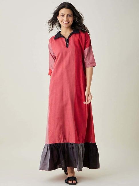 the kaftan company red cotton color-block night dress with eyemask