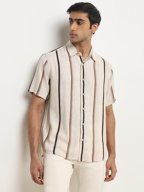 ascot by westside beige stripe printed relaxed-fit blended linen shirt