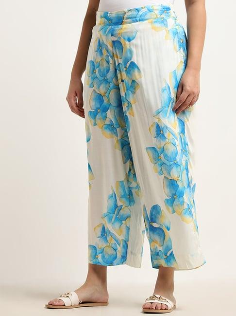 diza by westside blue floral printed high-rise palazzos