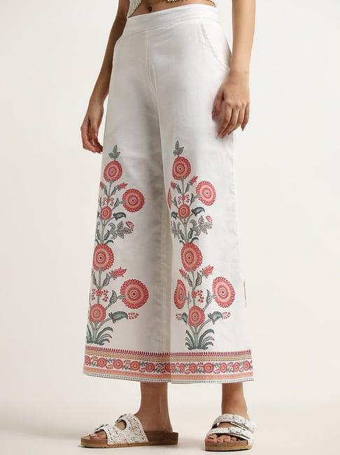 bombay paisley by westside white floral printed high-rise cotton pants