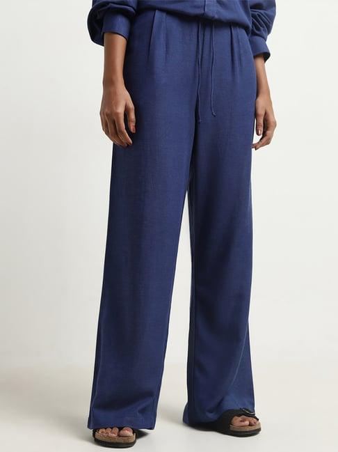 lov by westside indigo flared high-rise blended linen pants