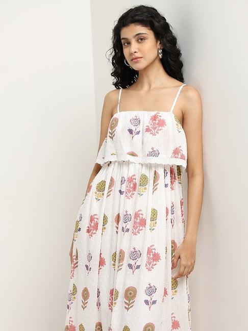 bombay paisley by westside white floral printed tiered cotton dress