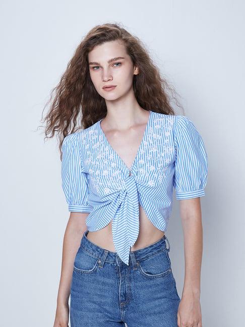 cover story blue striped crop shirt