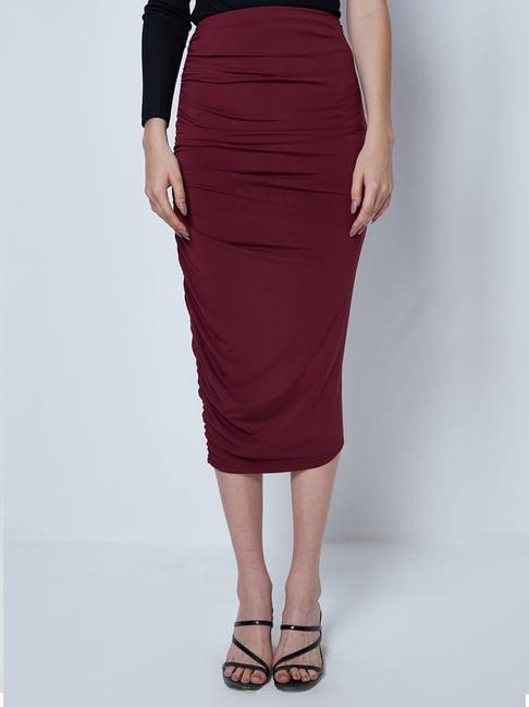 cover story maroon below knee skirt