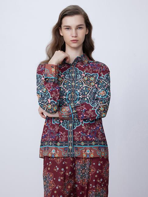 cover story rust & teal printed denim shirt