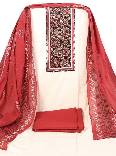 kami kubi off-white & red cotton printed unstitched dress material