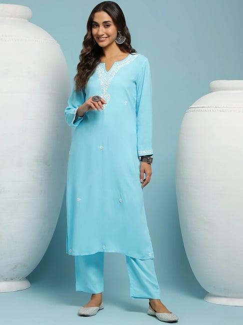 house of chikankari blue embroidered kurta & pant set