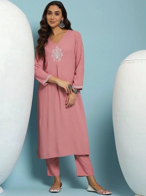 house of chikankari dusty pink embroidered kurta & pant set