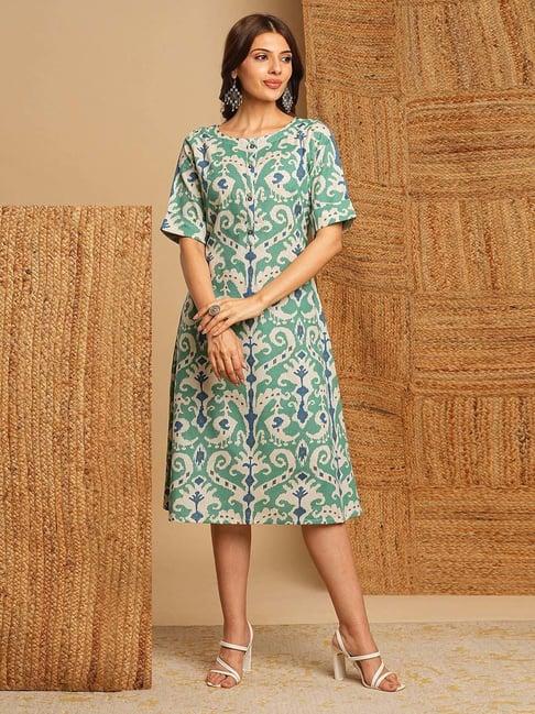 kami kubi green cotton printed a-line dress