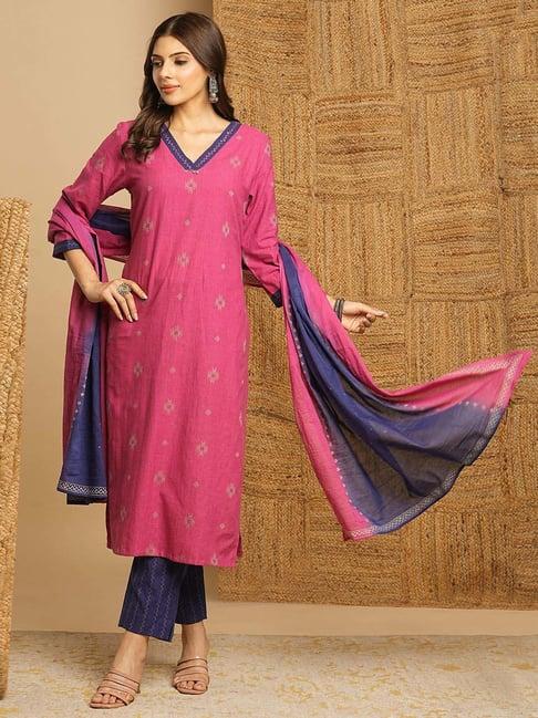 kami kubi pink & blue cotton woven pattern kurta pant set with dupatta