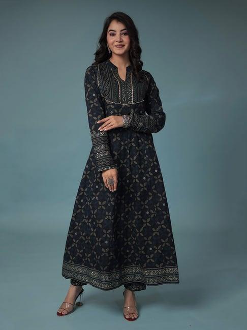 zari jaipur dark blue printed kurta pant set