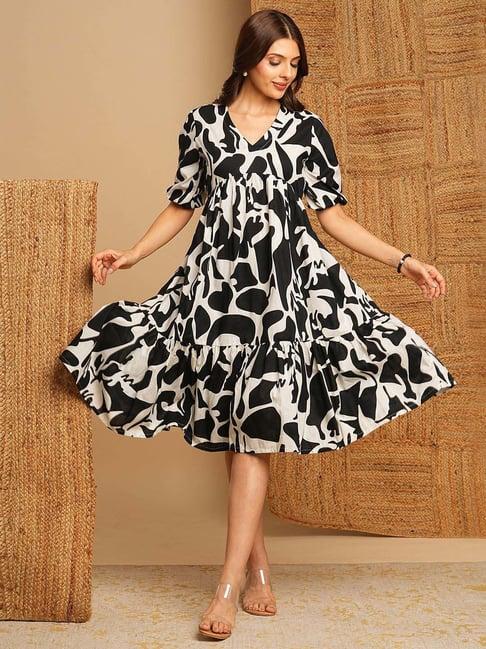 kami kubi black cotton printed a-line dress