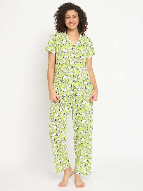 clovia green cotton printed shirt & pyjama set