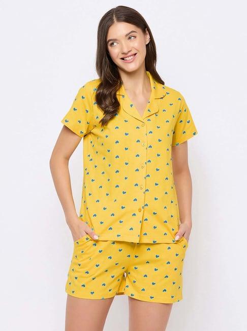 clovia yellow cotton printed shirt & shorts set