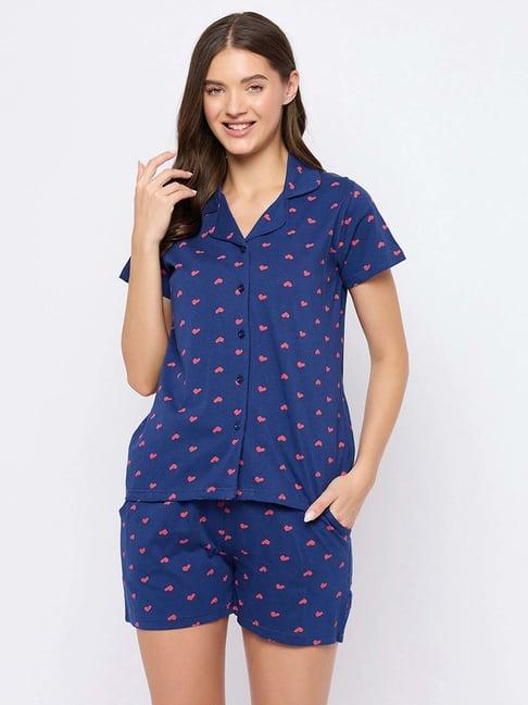 clovia navy cotton printed shirt & shorts set