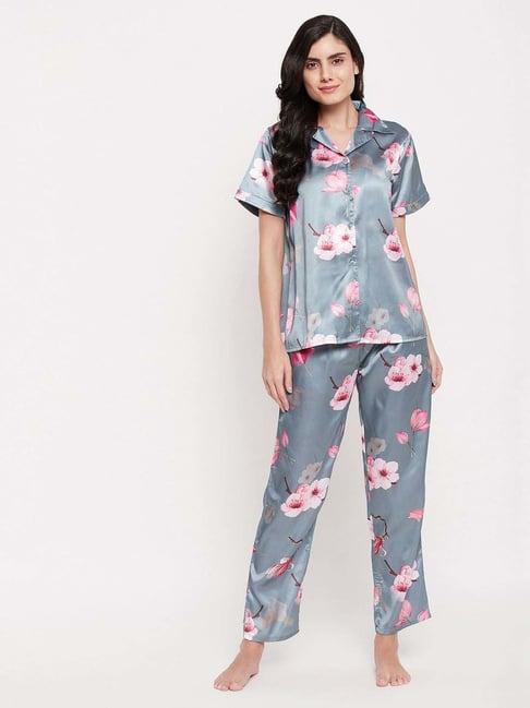 clovia blue floral print shirt & pyjama set