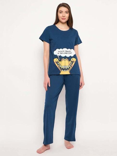 clovia blue cotton printed top & pyjama set