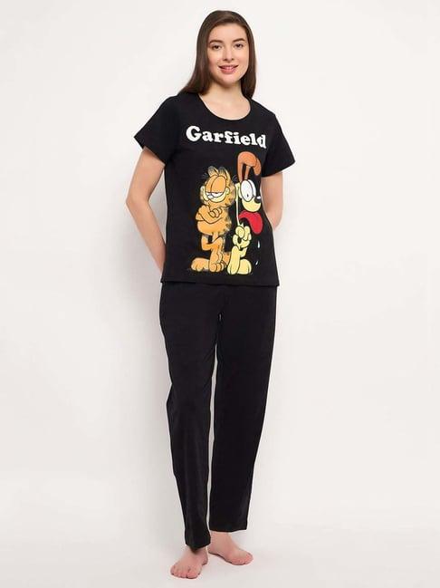 clovia black cotton printed top & pyjama set