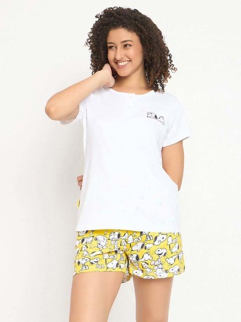 clovia white & yellow cotton printed top & shorts set