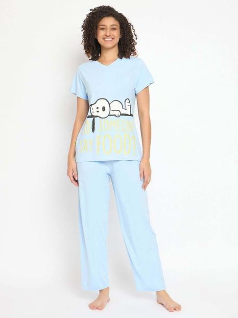 clovia blue cotton printed top & pyjama set