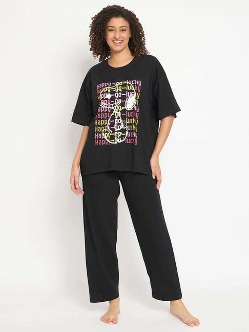 clovia black cotton printed top & pyjama set