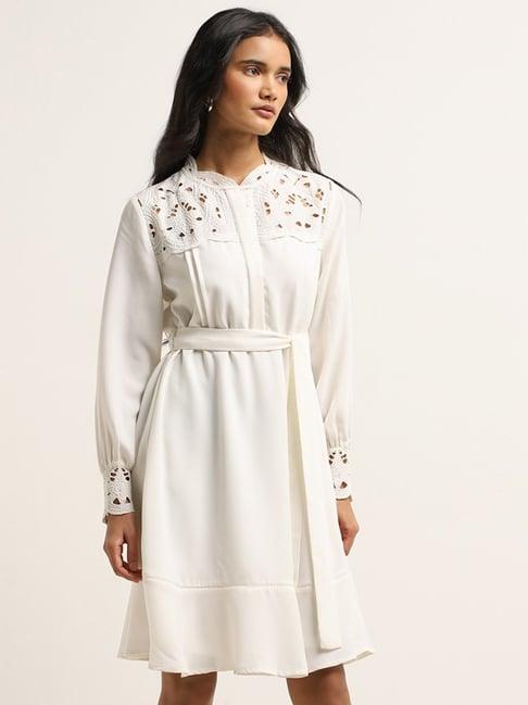 wardrobe by westside ivory cut-out embroidered straight dress with belt