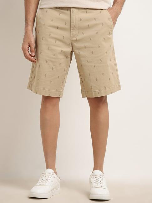 wes casuals by westside beige relaxed-fit mid-rise cotton blend shorts