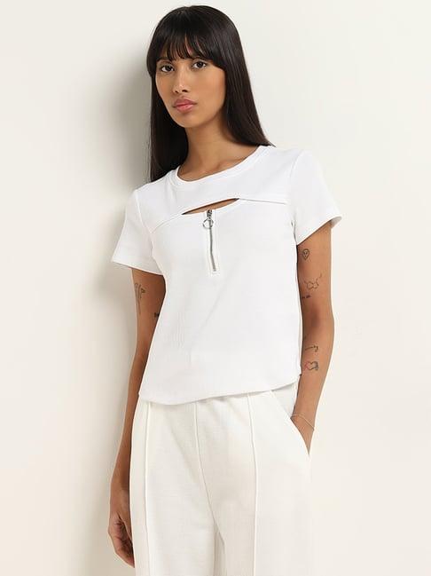 studiofit by westside white ribbed textured cut-out cotton blend top