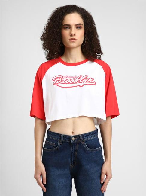 forever 21 white & red cotton graphic print crop top