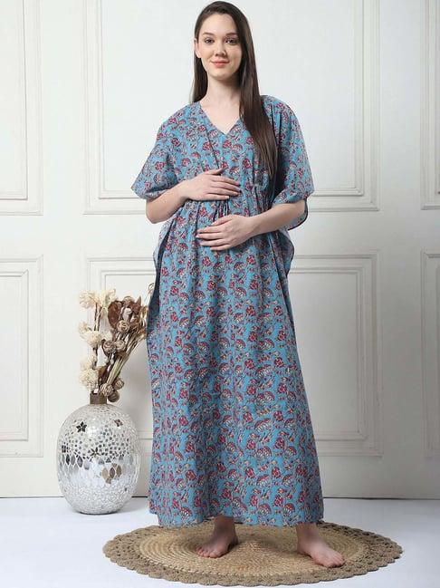 secret wish blue cotton floral straight kaftan