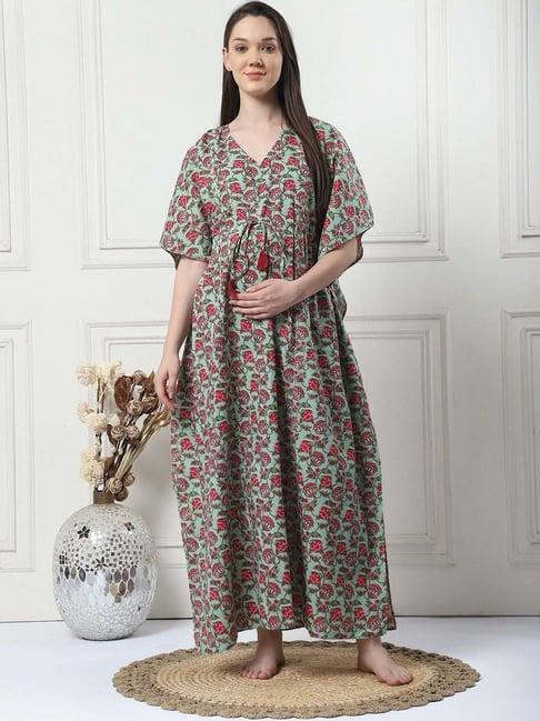 secret wish green cotton floral straight kaftan