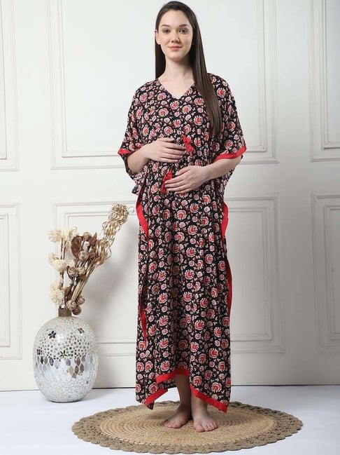 secret wish black & red rayon floral straight kaftan