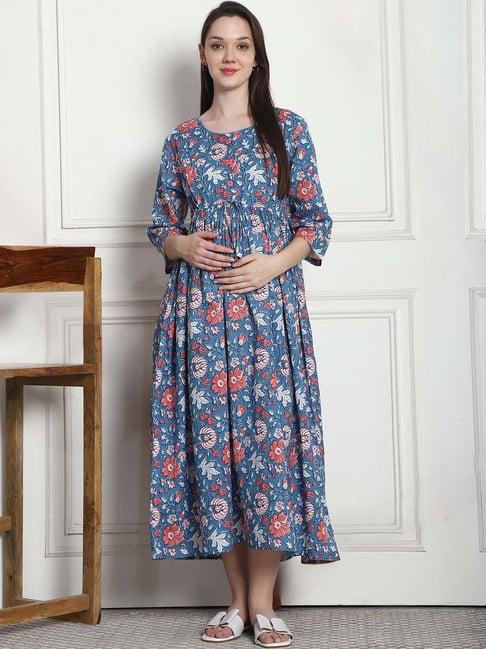 secret wish blue cotton floral straight night dress