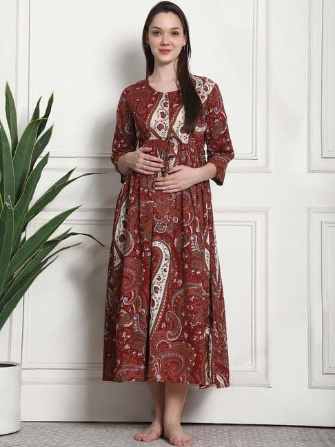 secret wish maroon cotton floral straight night dress