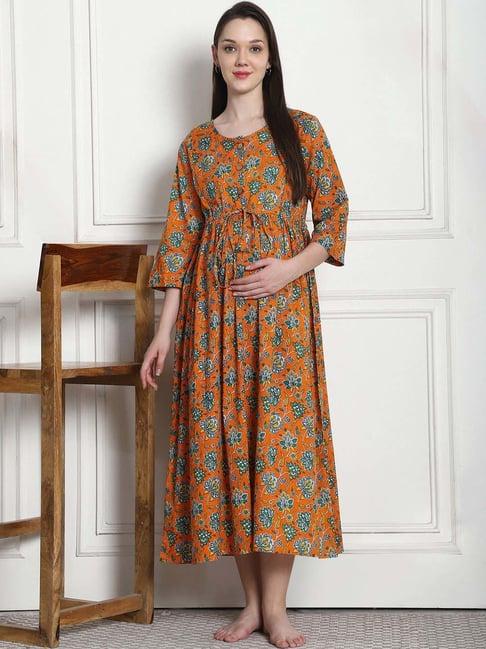 secret wish orange cotton floral straight night dress