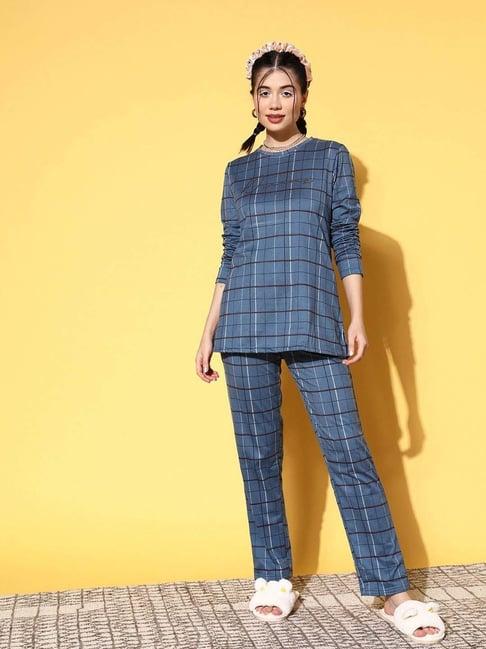 sweet dreams slate blue chequered pyjama sets